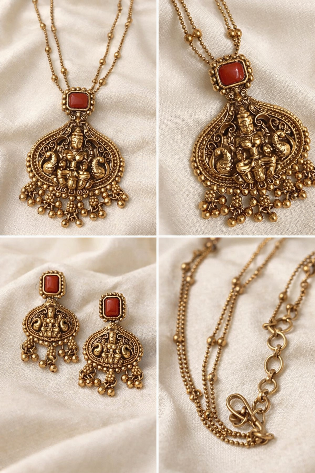 Antique Gold Temple Necklace and Earrings Set with Red Stone