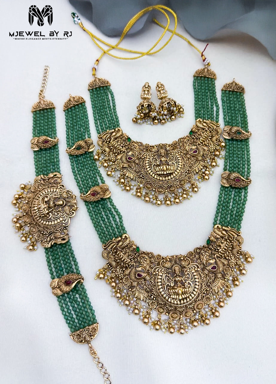 Royal Antique Finish Lakshmi Haram Set with Emerald Green Beads