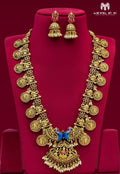 Antique Gold Temple Necklace Set with Peacock Pendant & Jhumka Earrings