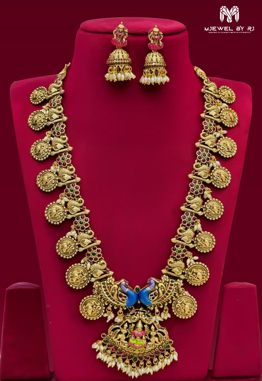 Antique Gold Temple Necklace Set with Peacock Pendant & Jhumka Earrings