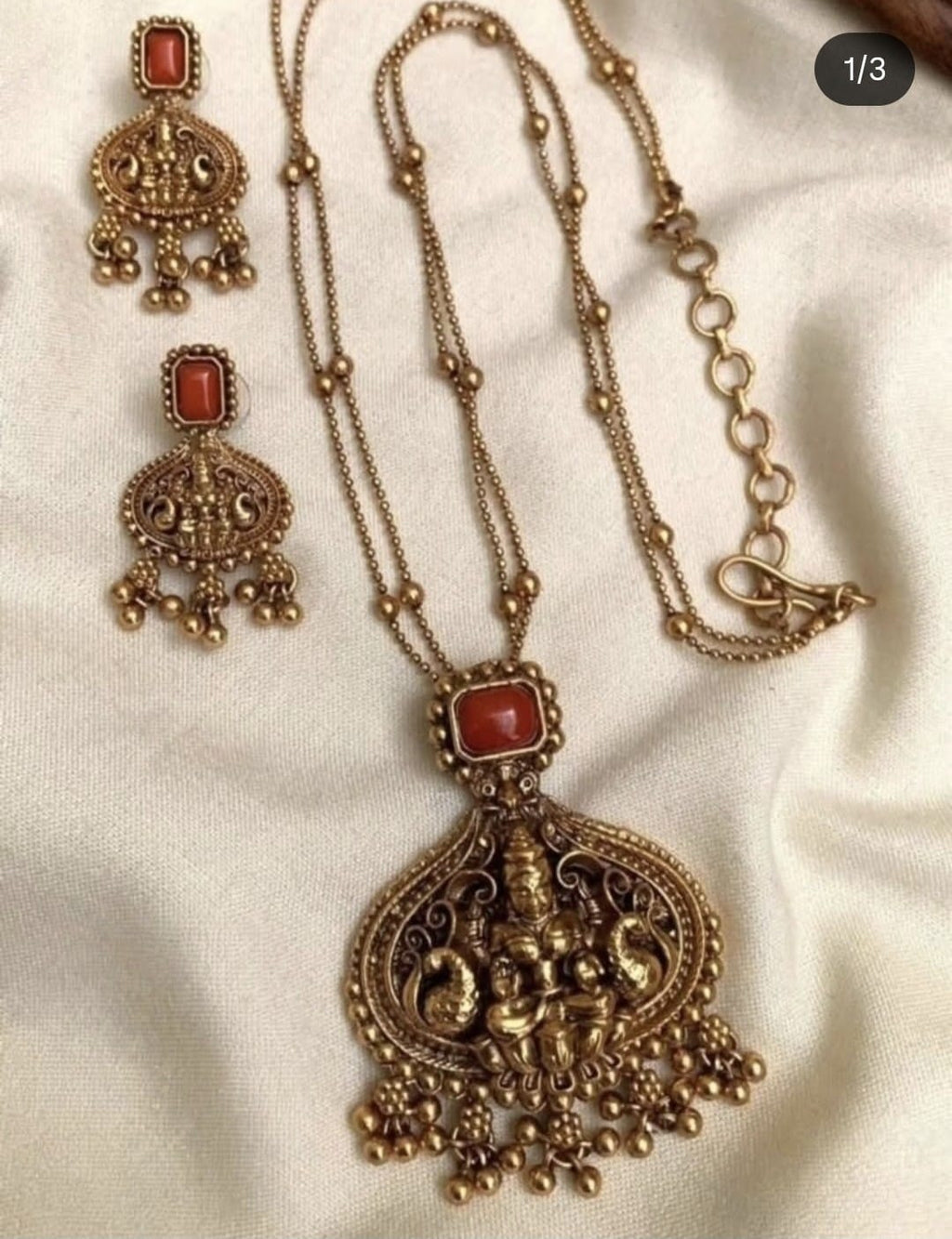 Antique Gold Temple Necklace and Earrings Set with Red Stone