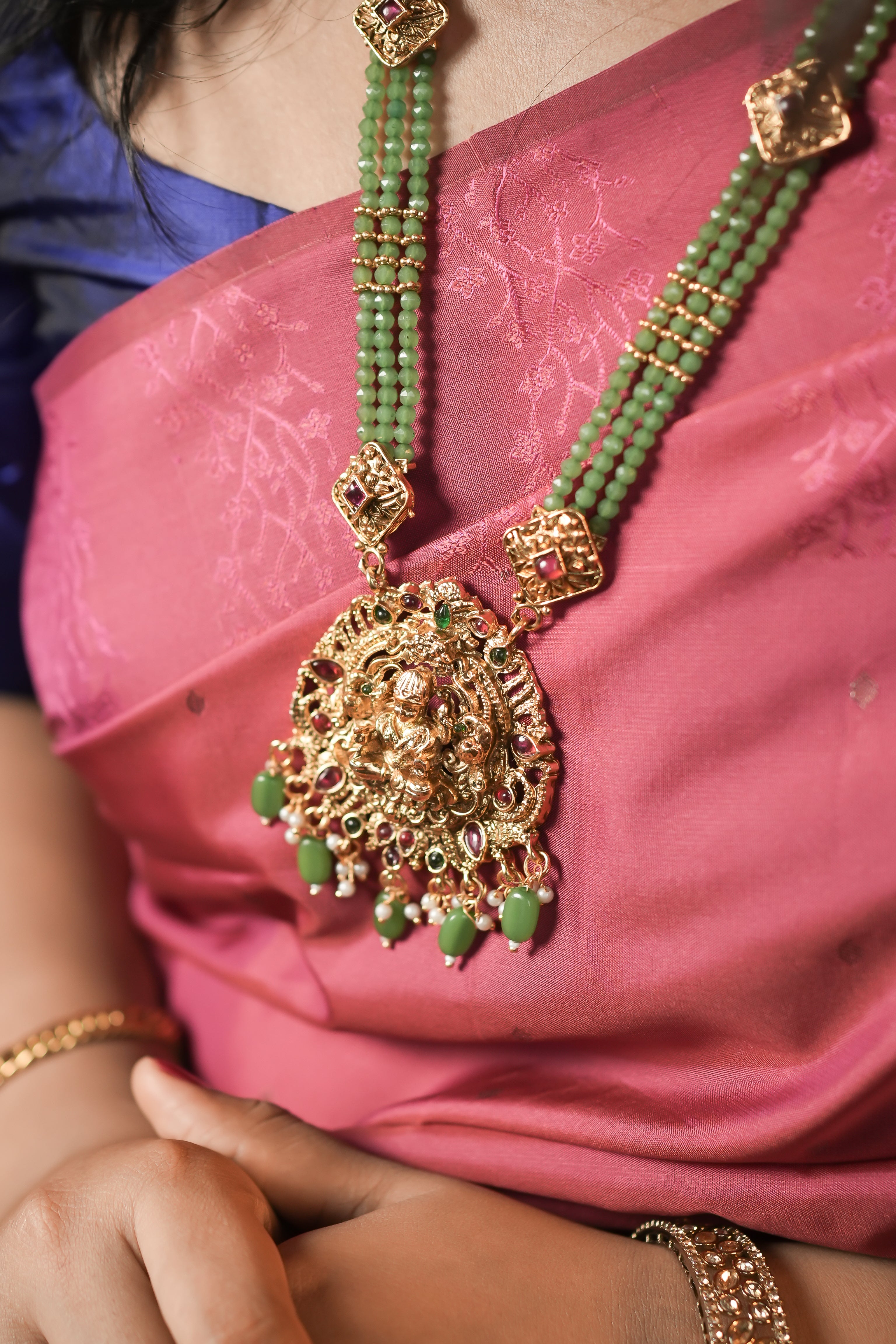 RJ-001 - Gold Plated Pearl & Lakshmi Pendant Long Necklace Set