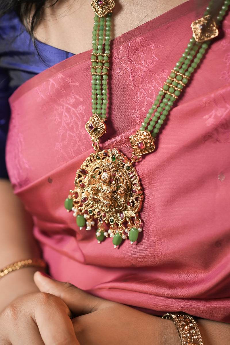 RJ-001 - Gold Plated Pearl & Lakshmi Pendant Long Necklace Set