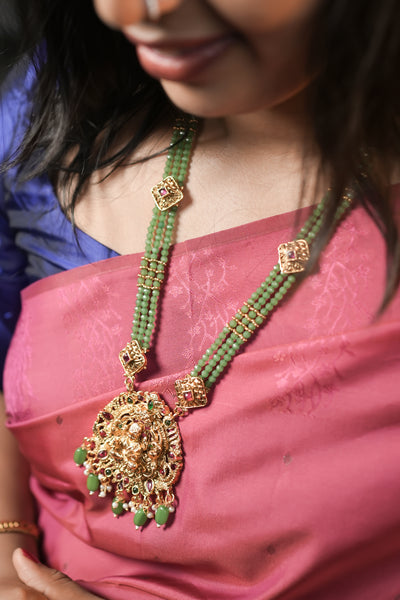 RJ-001 - Gold Plated Pearl & Lakshmi Pendant Long Necklace Set