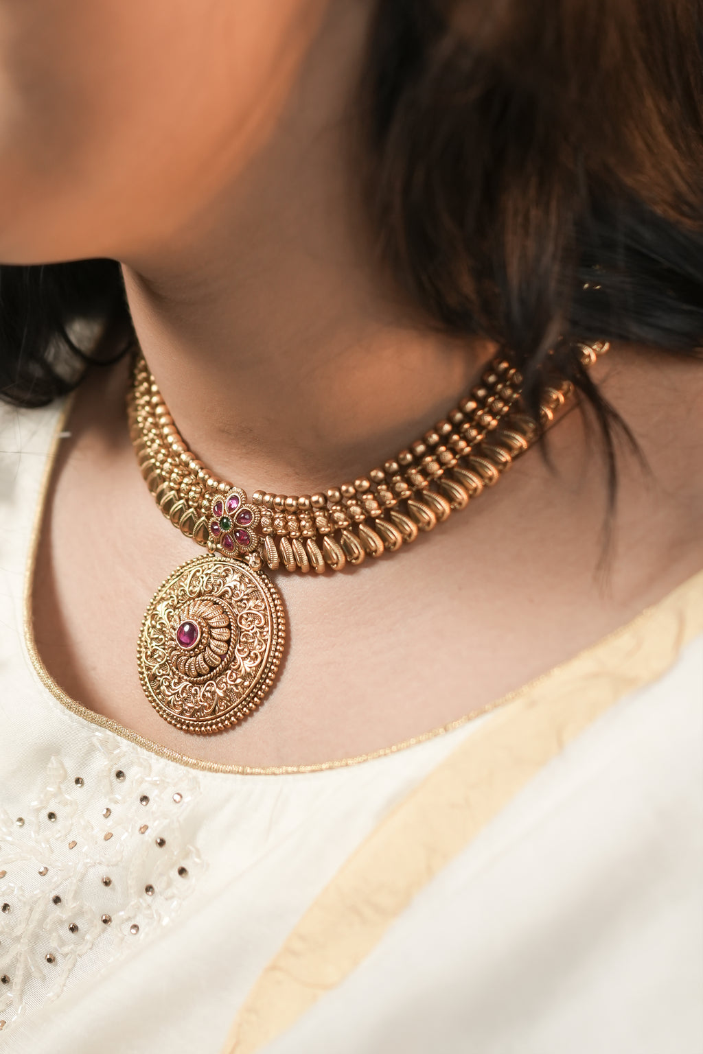 RJ-003- Ruby & Emerald Floral Vanki Necklace Set