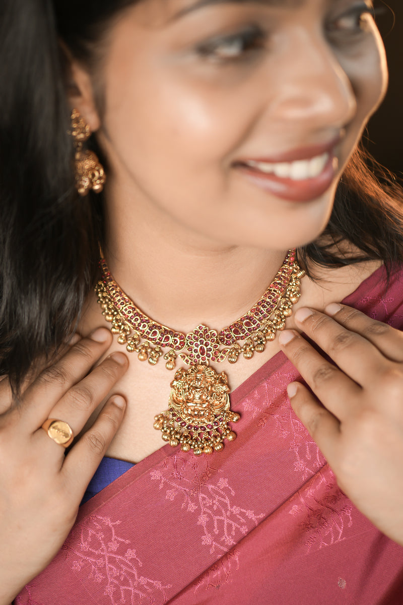 RJ-004- Antique Gold Floral Long Necklace Set