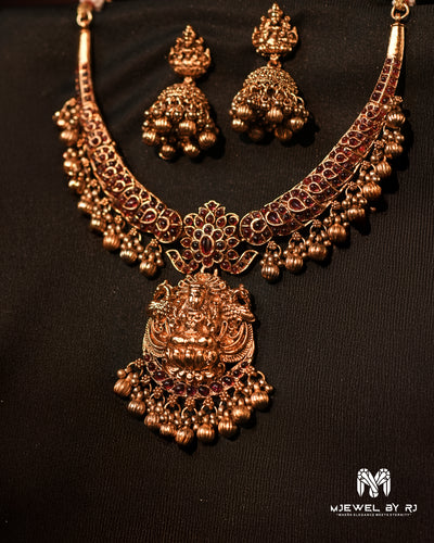 RJ-004- Antique Gold Floral Long Necklace Set