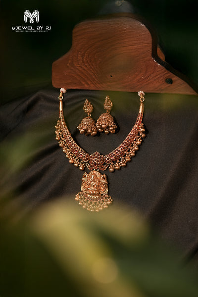 RJ-004- Antique Gold Floral Long Necklace Set
