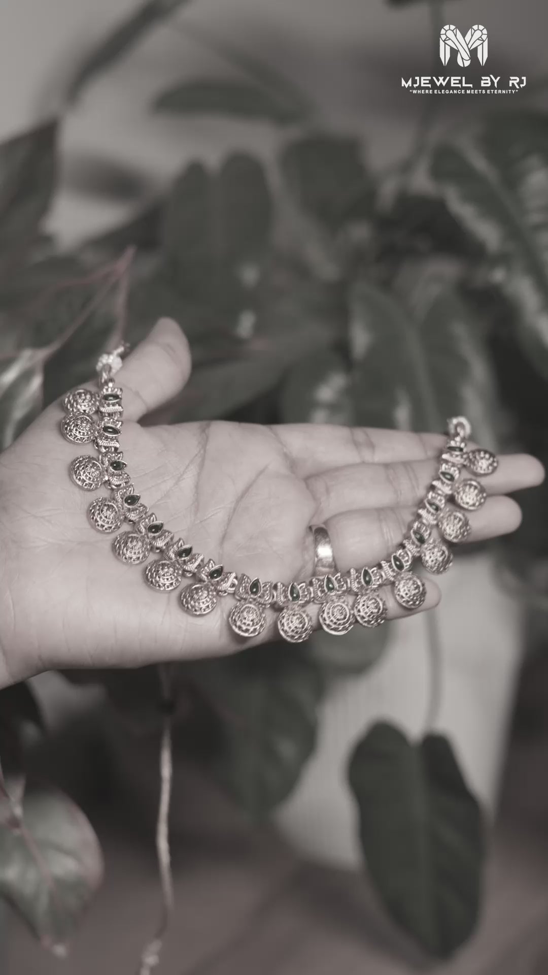 Green Leaf Motif Palakka Necklace with Round Gold Drops and Matching Studs