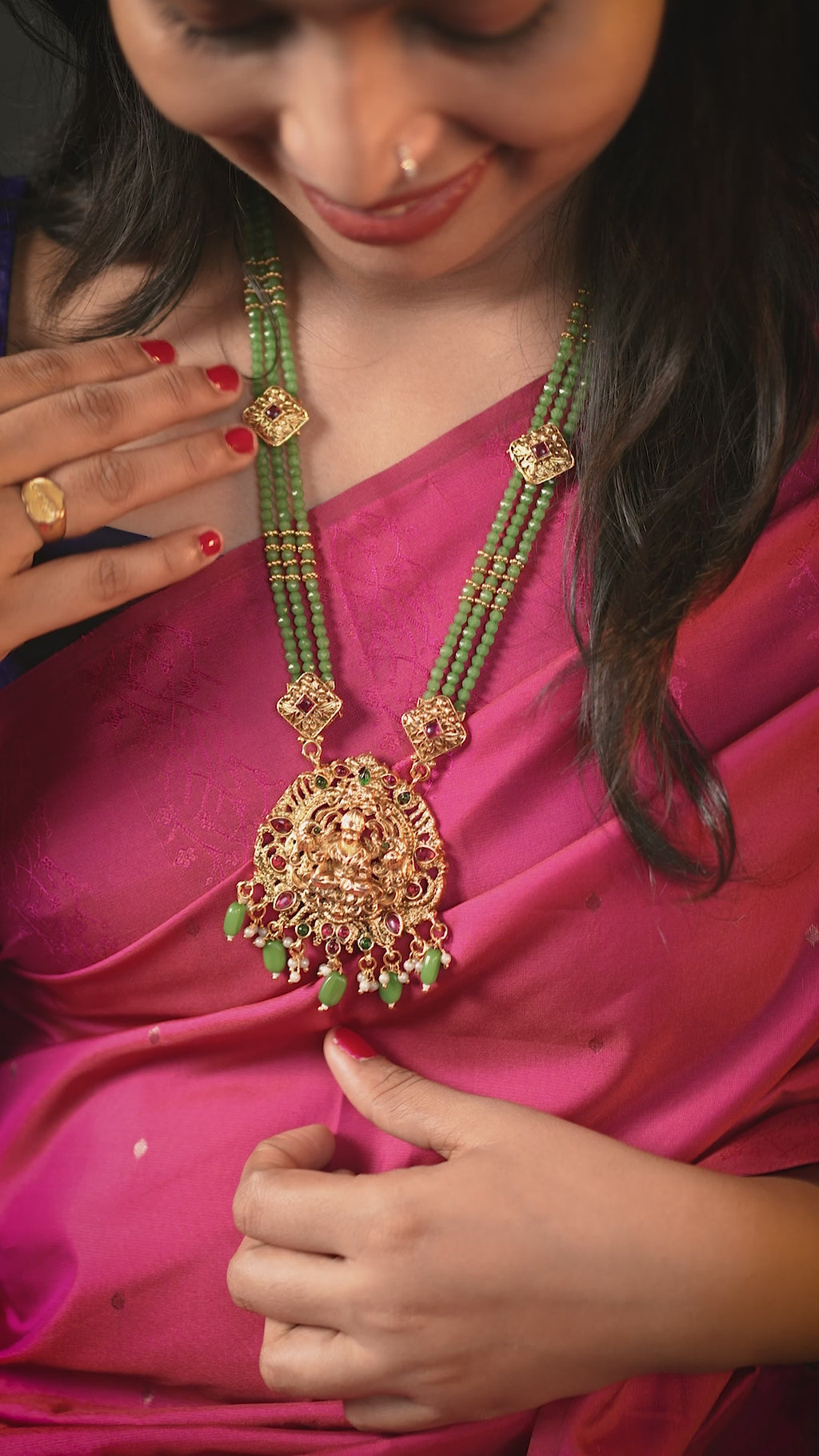 RJ-001 - Gold Plated Pearl & Lakshmi Pendant Long Necklace Set